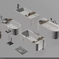 Modern Multiple Bathtubs with Wooden Shelves Faucets Small Stools Towel Racks and Floor Mats