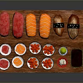 Assorted Fresh Sushi Platter With Various Fish Rolls And Soy Sauce On Wooden Tray