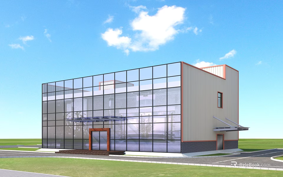 Aerial Planning of Modern Building with Glass Curtain Wall Structure Lawn and Parking Lot 3d model 