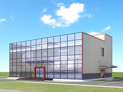 Aerial Planning of Modern Building with Glass Curtain Wall Structure Lawn and Parking Lot 3d model