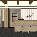 Hotel Lobby Featuring Wooden Ceiling Slat Wall Stone Reception Desk Bench And Bird Decorations