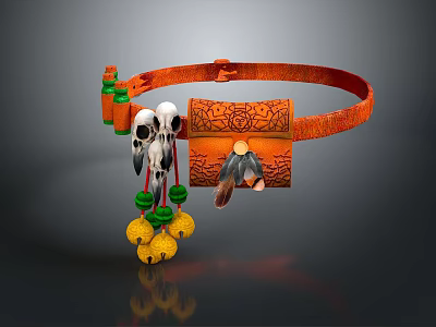 Orange Ornamental Belt With Skull Feather Yellow Pom Poms And Green Beads Decoration 3d model