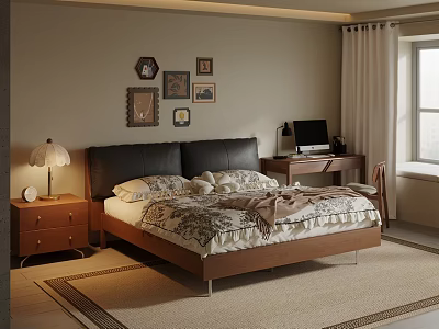 Modern Bedroom Interior With Bed Nightstand Table Lamp Decorative Paintings Desk Computer And Curtains 3d model
