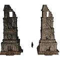 Ancient Ruined Stone Towers With Small Figurine And Historical Architectural Detail