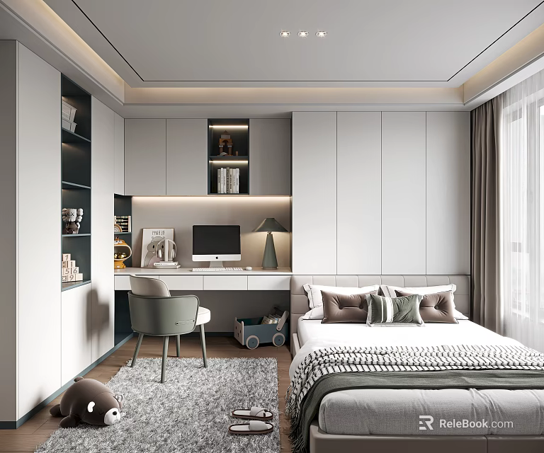 Minimalist Tatami Bedroom Interior Design With Desk Storage Cabinets Pillows And Soft Rug 3d model 