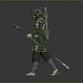 Green Armored Warrior With Beast Inspired Helmet And Long Spear Weapon