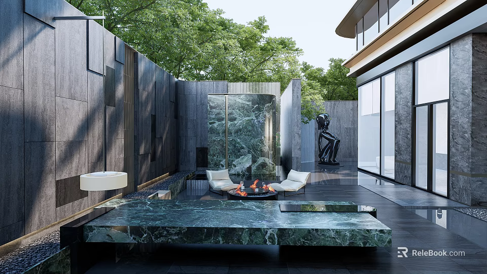 Modern Garden Landscape With Marble Table Fire Pit Seating Stone Wall Sculpture And Lush Greenery 3d model 
