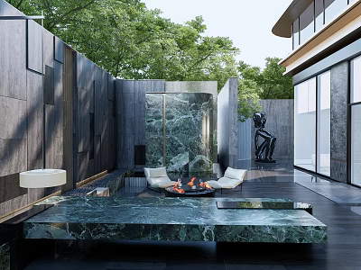 Modern Garden Landscape With Marble Table Fire Pit Seating Stone Wall Sculpture And Lush Greenery 3d model