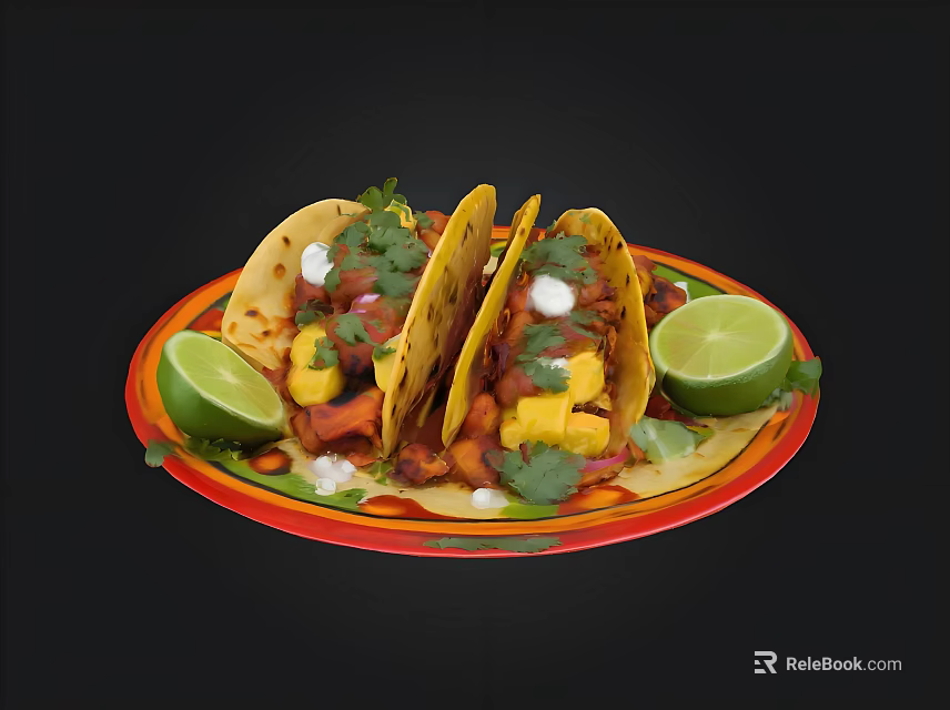 Tasty Tacos On Colorful Plate With Lime Wedges And Fresh Toppings 3d model 