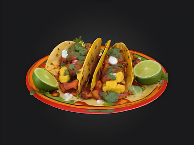 Tasty Tacos On Colorful Plate With Lime Wedges And Fresh Toppings 3d model
