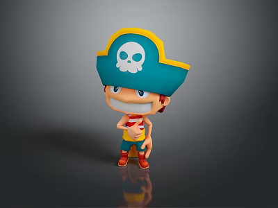 Cartoon Man Wearing Blue Pirate Hat With Yellow Trim Skull Symbol Striped Shirt Red Shoes 3d model