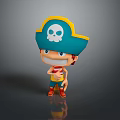 Cartoon Man Wearing Blue Pirate Hat With Yellow Trim Skull Symbol Striped Shirt Red Shoes