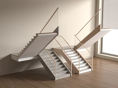 Modern Staircase Open Design With Metal Railings Stone Steps And Wooden Flooring Indoor Space 3d model