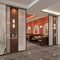 Elegant Chinese Restaurant Interior With Red Ceiling Marble Walls And Wooden Partitions