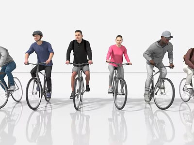 Group of People Riding Bicycles in a Row on Reflective White Floor 3d model