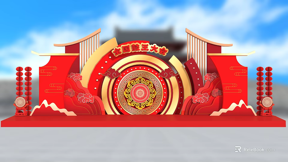 Traditional Chinese Stage with Red Golden Decor Circular Pattern and Architectural Culture Elements 3d model