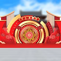 Traditional Chinese Stage with Red Golden Decor Circular Pattern and Architectural Culture Elements 3d model