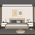 Minimalist Bedroom Interior With Wooden Bed Nightstands Decorative Paintings And Sliding Wardrobe