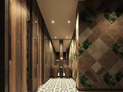 Elegant Restaurant Corridor With Wooden Walls Geometric Patterned Surfaces Green Plant Decor And Patterned Flooring 3d model