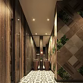 Elegant Restaurant Corridor With Wooden Walls Geometric Patterned Surfaces Green Plant Decor And Patterned Flooring