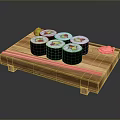 Fresh Sushi Rolls On Wooden Tray With Avocado Rice Nori Pickled Ginger And Wasabi