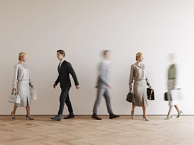 Group of Business Professionals Walking in Modern Corridor With Light Walls And Wooden Floors 3d model