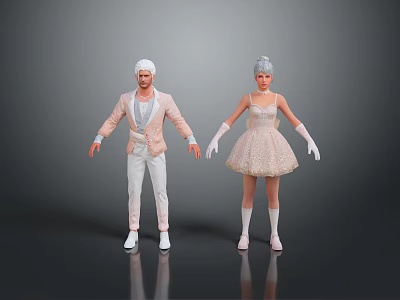 Man With White Hair In Light Pink Suit Jacket And White Pants Standing With Woman In Dress 3d model