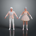 Man With White Hair In Light Pink Suit Jacket And White Pants Standing With Woman In Dress