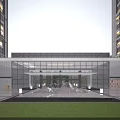 Modern Glass Entrance Gate With Central Fountain And High Rise Buildings In Landscaped Garden