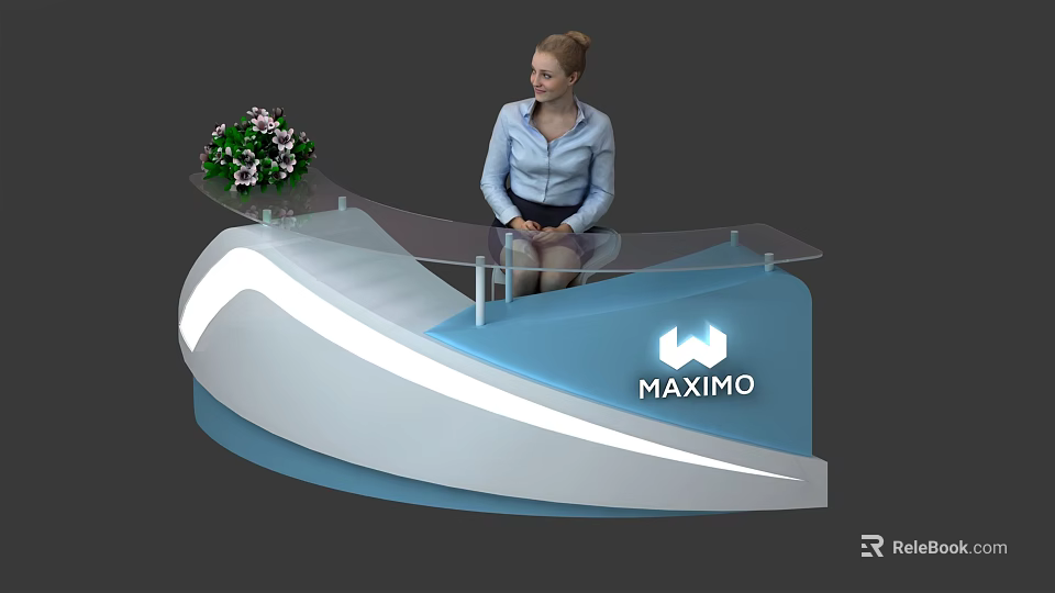 Modern Blue And White Curved Reception Desk With Glass Countertop Flower MAXIMO Logo And Receptionist 3d model 