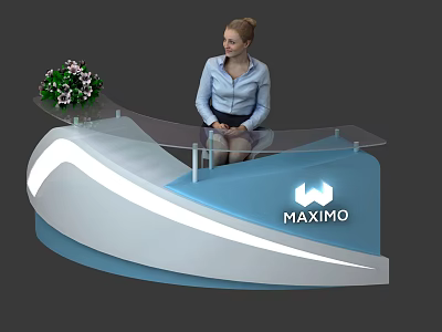 Modern Blue And White Curved Reception Desk With Glass Countertop Flower MAXIMO Logo And Receptionist 3d model
