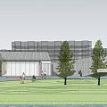 Modern Sales Office Building With Unique Roof Design Water Features And Lush Tree Landscaping