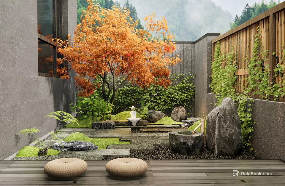 Serene Courtyard Garden With Orange Leaved Tree Green Plants White Sculpture Stones And Wooden Deck 3d model 