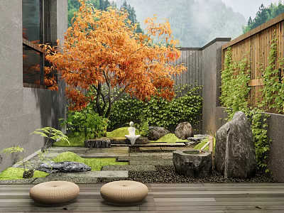 Serene Courtyard Garden With Orange Leaved Tree Green Plants White Sculpture Stones And Wooden Deck 3d model