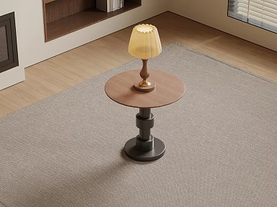 Round Side Table With Wooden Top Black Base And Stylish Lamp In Cozy Living Room 3d model