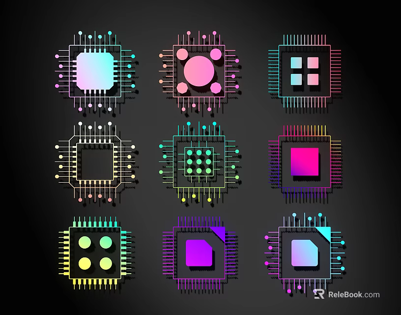 Colorful Line Art Integrated Circuit Chips with Various Shapes and Pins on Black Background 3d model 