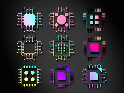 Colorful Line Art Integrated Circuit Chips with Various Shapes and Pins on Black Background 3d model