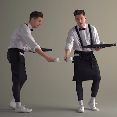 Men Wearing White Shirts Black Suspenders Aprons Bow Ties Handing Cup and Holding Tray 3d model