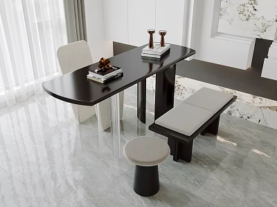 Modern Tea Table and Chairs in Minimalist Interior with Books Stools and Bench 3d model
