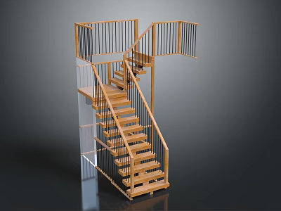 Modern Wooden Staircase With Black Metal Railings Open Design And Reflective Surface 3d model