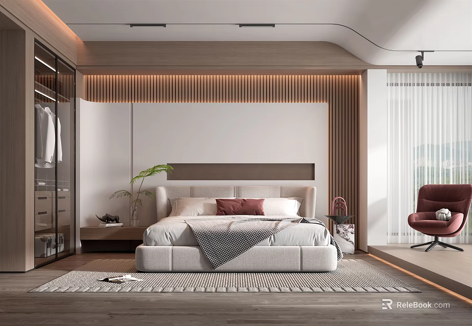 Modern Bedroom Interior Design With Bed Pillows Wardrobe Accent Chair And Area Rug 3d model 