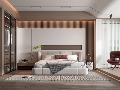 Modern Bedroom Interior Design With Bed Pillows Wardrobe Accent Chair And Area Rug 3d model