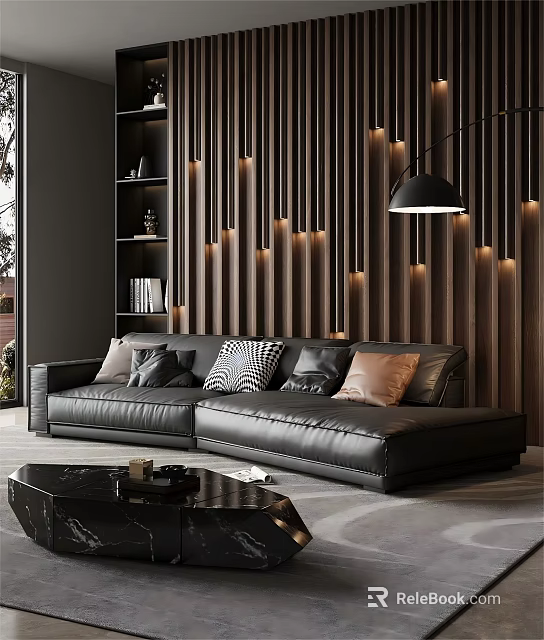 Modern Black Leather Sofa And Coffee Table Set With Wooden Slat Wall Lighting 3d model 