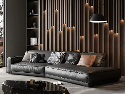 Modern Black Leather Sofa And Coffee Table Set With Wooden Slat Wall Lighting 3d model