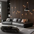 Modern Black Leather Sofa And Coffee Table Set With Wooden Slat Wall Lighting