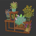 Multi Tiered Wooden Plant Stand With Colorful Potted Flowers And Green Plants