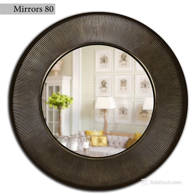 Round Black Radial Frame Mirror Reflecting Interior With Green Plant Sofa And Decorative Paintings 3d model 
