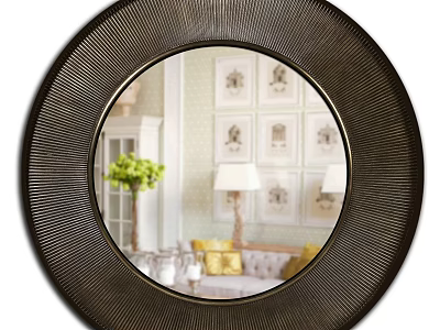 Round Black Radial Frame Mirror Reflecting Interior With Green Plant Sofa And Decorative Paintings 3d model