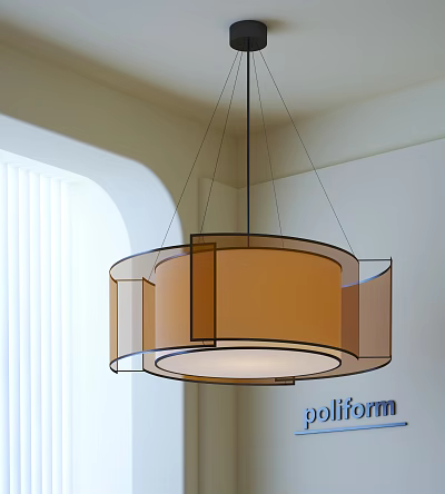 Modern Circular Chandelier With Brown Shade And Transparent Frame In Living Room 3d model