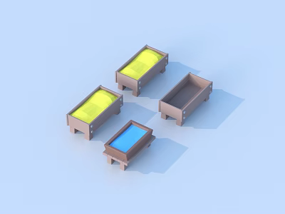 Brown Rectangular Boxes With Yellow Blue Surfaces And Empty One On Light Blue Background 3d model